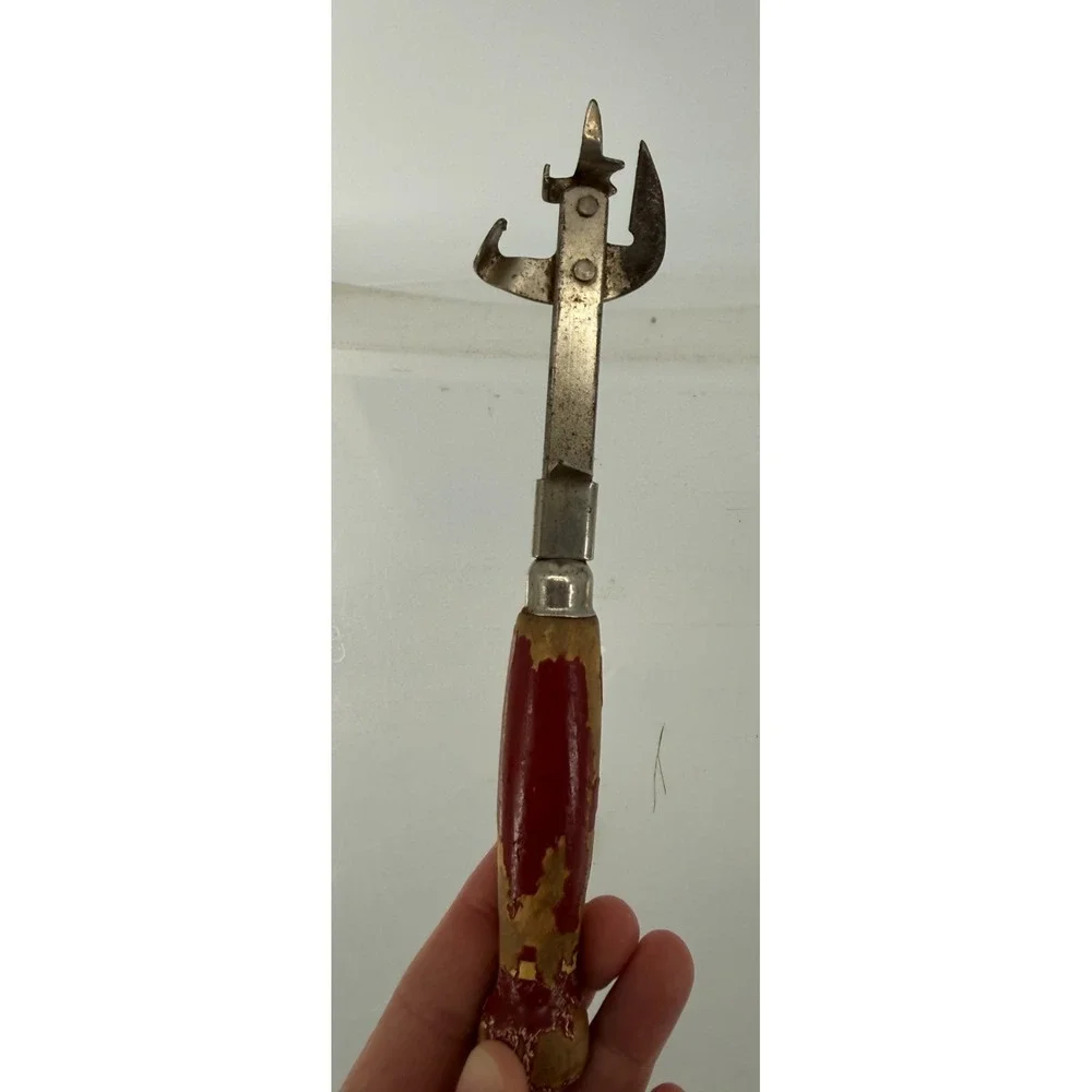 Vintage EKCO USA Manual Can Bottle Opener Red Wood Handle Kitchen Tool Metal